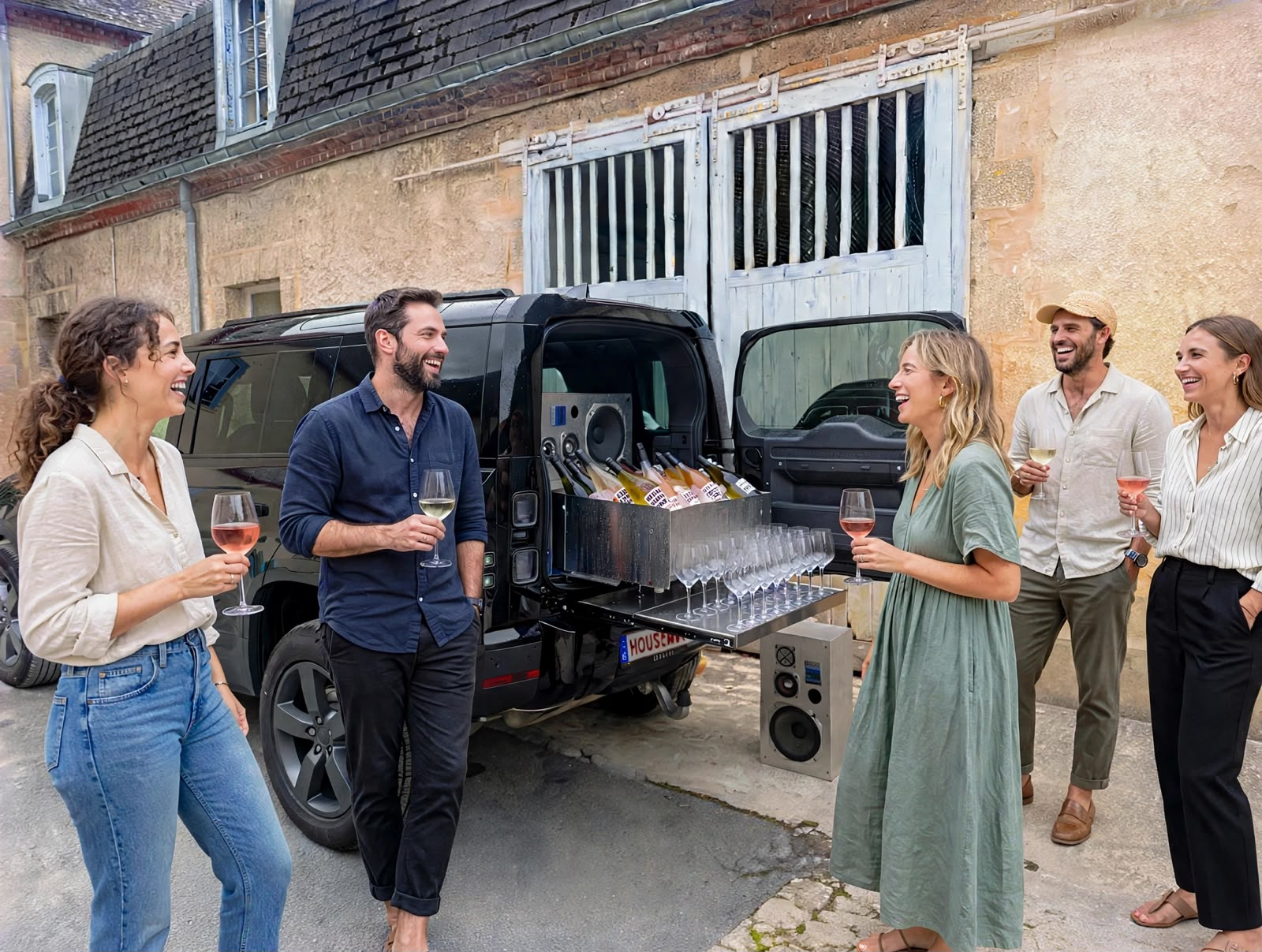 Vriendengroep lacht met glazen wijn naast een zwarte foodtruck / mobiele wijnbar met open achterklep en flessen Housewine.